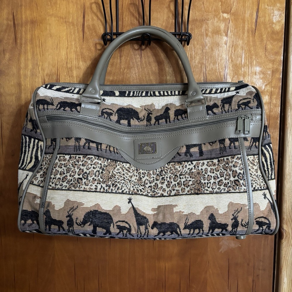 Vintage Pioneer Express Safari African Animal Print Weekender Duffle Bag 19x12x9